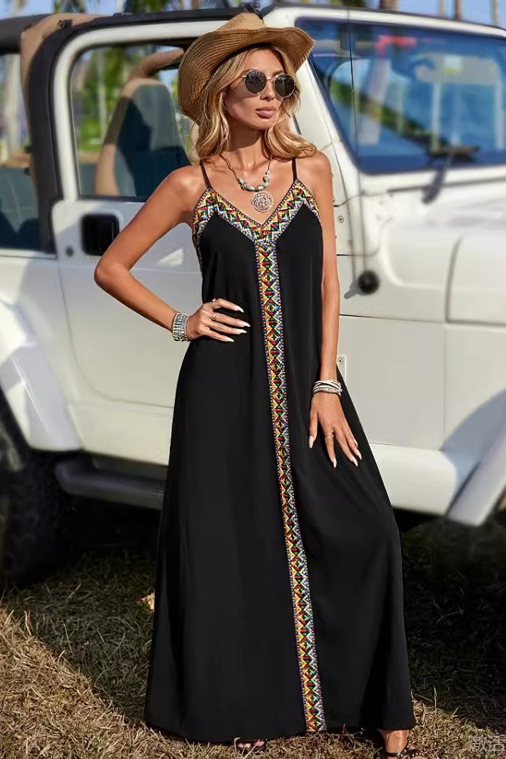 Solid Plaid V Neck Sling Slim Bohemian Boho Dress Main image
