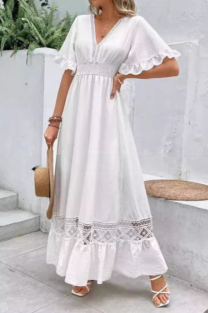 Solid Color V Neck Lace Paneled Chic Boho Dress Secondary image