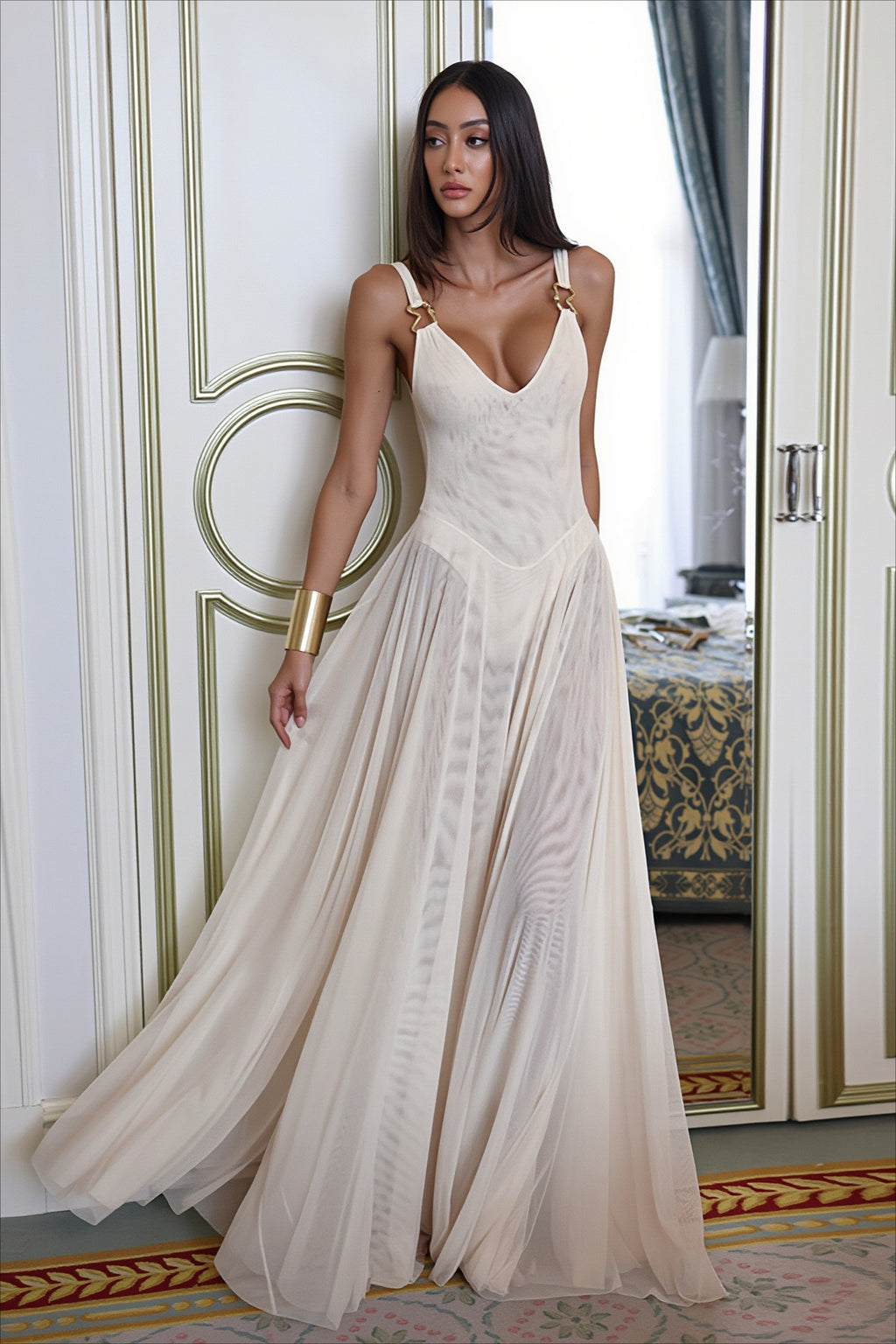 Scoop Neck Mesh A Line Maxi Party Dress