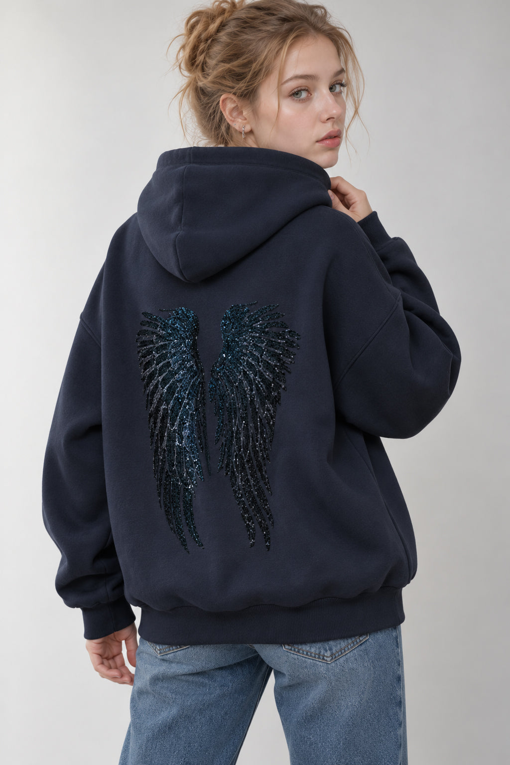 Solid Sequin Wing Graphic Relaxed Hoodie