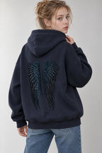 Solid Sequin Wing Graphic Relaxed Hoodie