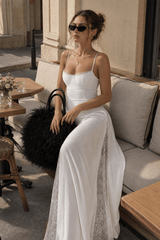 Low Cut Lace Trim Waist Cinch Slip Dress