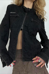 Double Zipper Denim Cargo Jacket