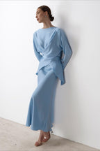 Solid Satin Cinched Waist Skirt Set