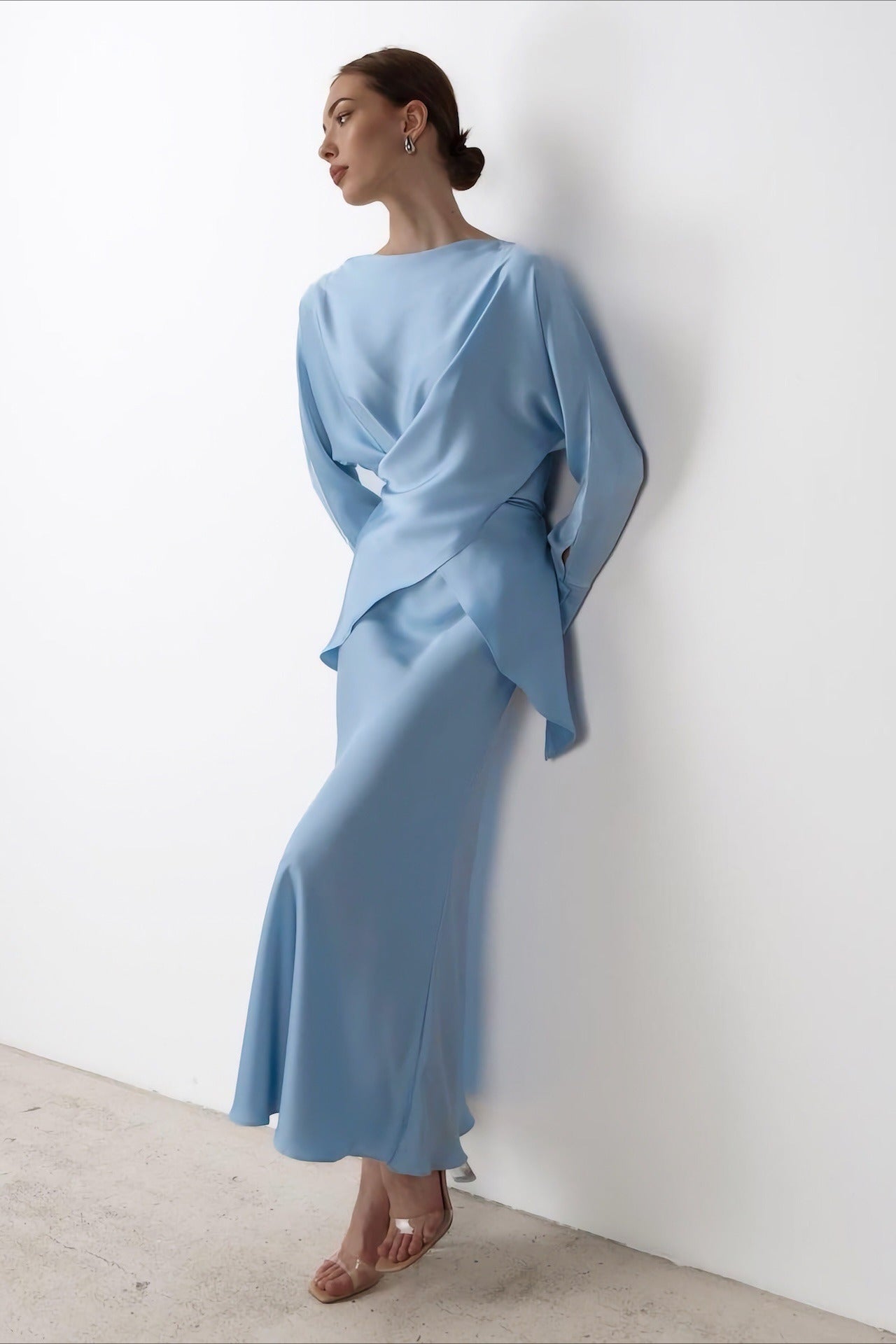 Solid Satin Cinched Waist Skirt Set