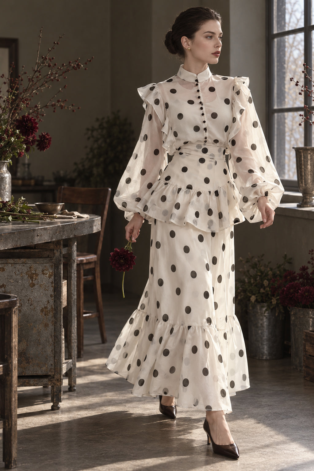 Sheer Polka Dot Long Sleeve Maxi Dress Main image