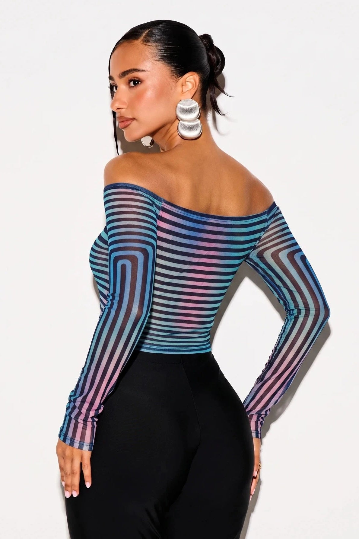 Striped Mesh Off Shoulder Long Sleeve T-shirts