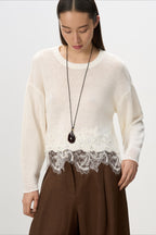Lace Hem Crew Neck Cropped Knit Sweater