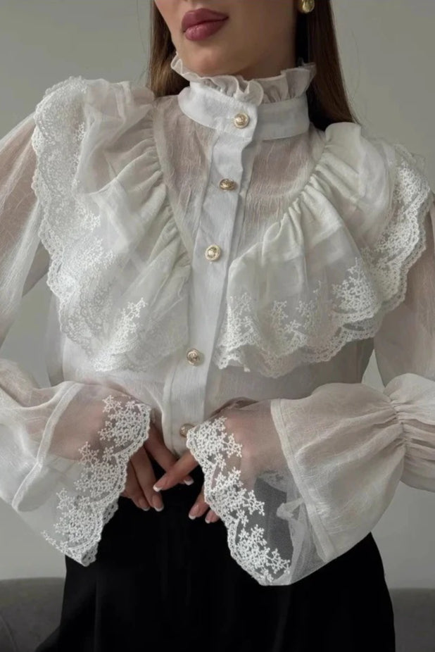 Chiffon Ruffle High Neck Long Sleeve Top Main image
