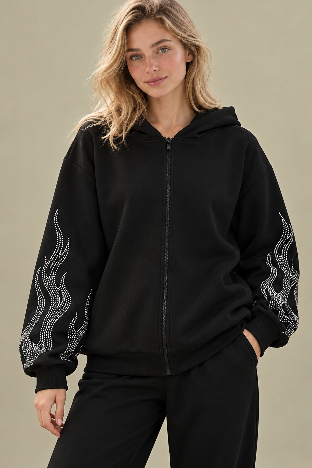 Rhinestone Flame Zip Hoodie Main image