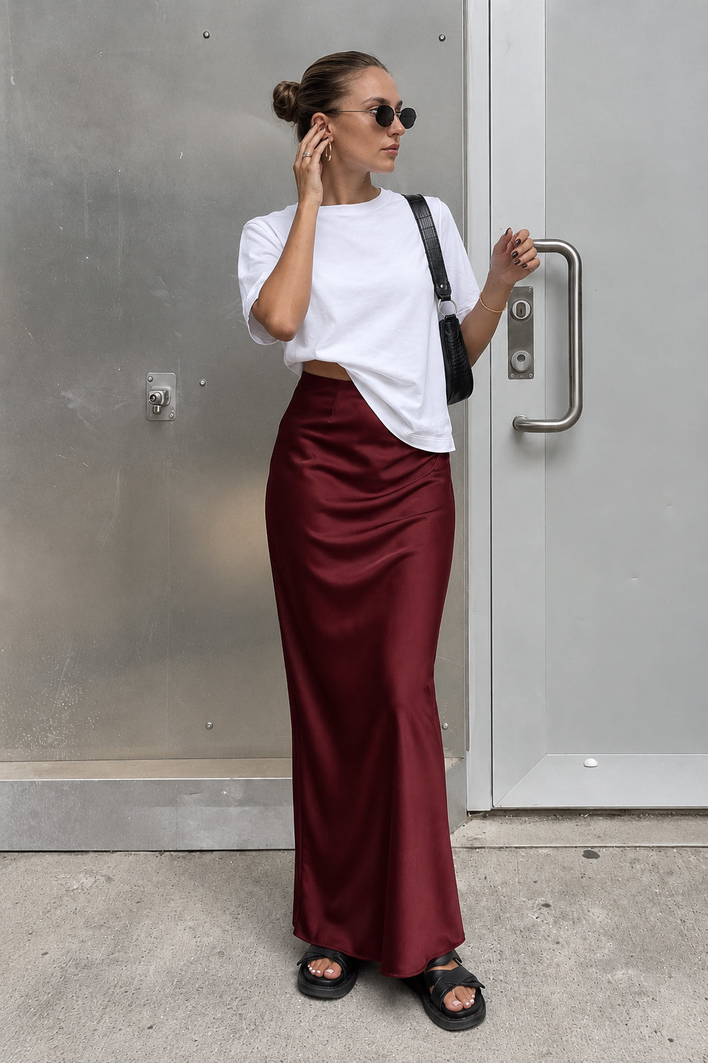 Fashion Elegant Satin Solid Black High Waist Long Skirt