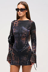 Fitted Crew Neck Printed Long-Sleeve Bodycon Dress