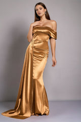 Solid Satin Off-Shoulder Strapless High Waist Formal Dress