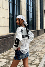 Lace Sheer V Neck Print Sweatshirt