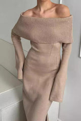 Collared Off-Shoulder  Knit Sweater Dress