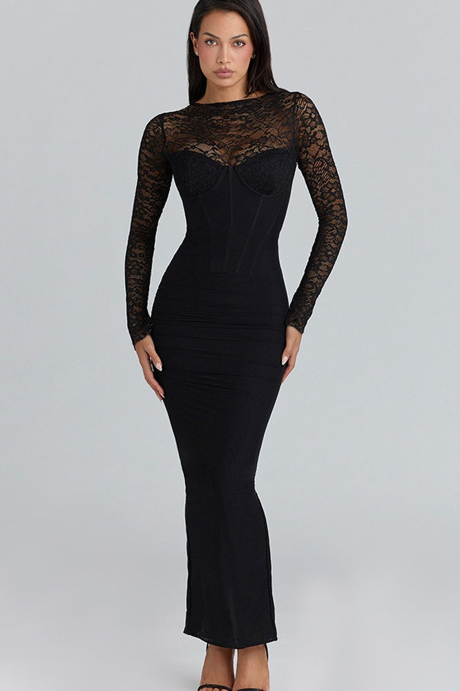 Lace Trim Sheer Mesh Side Slit Fit Floor Lace Dress Main image