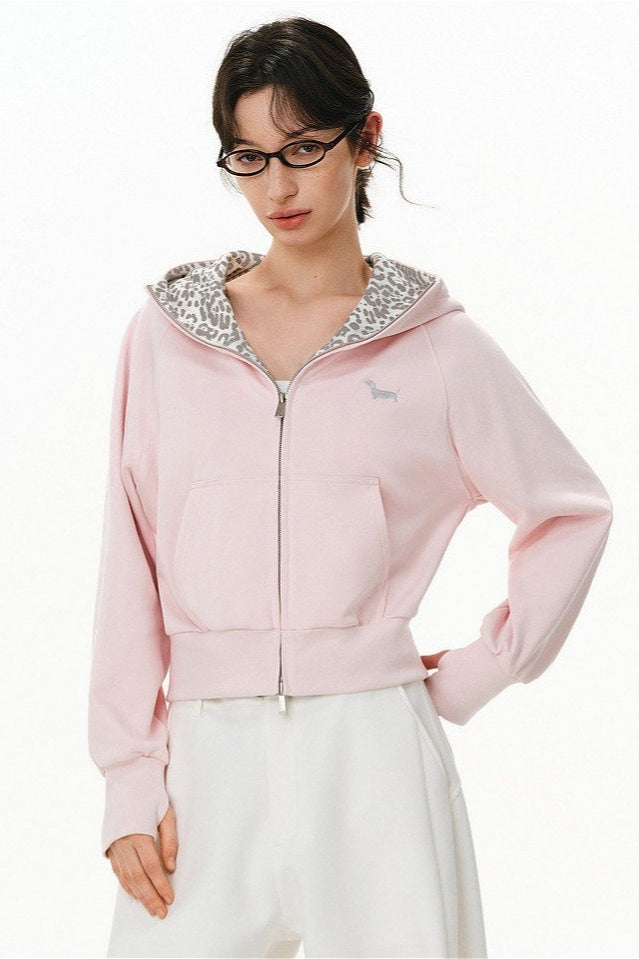 Pink Leopard Lined Cropped Zip Hoodie Secondary image