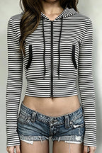 Striped Ribbed Cropped Fitted Full Zip Hoodie