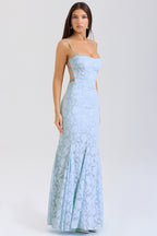 Strapless Lace Backless Waist Tie Maxi Lace Dress