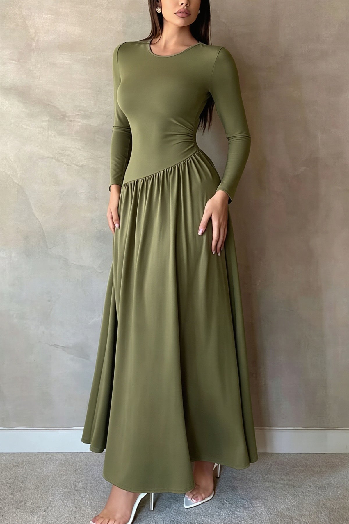 Scoop Neck Drop Waist Flared Maxi Dress