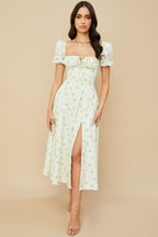 Puff Sleeve Wrap Slit Maxi Floral Dress