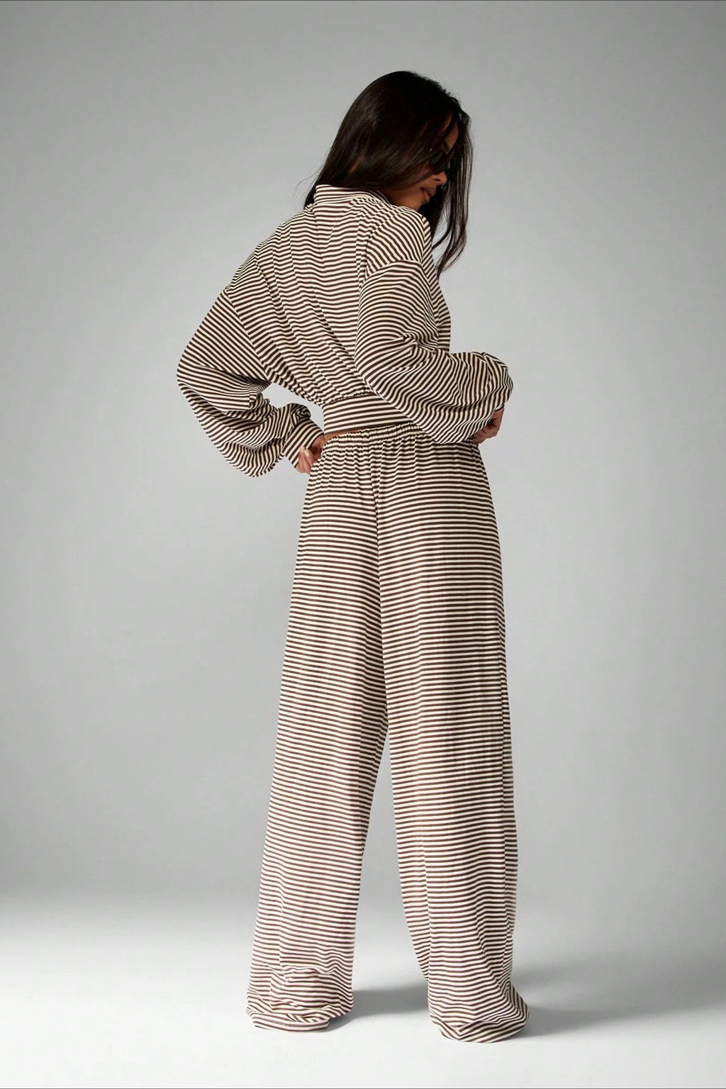 Micro Stripe Zip Jacket Wide Leg Pants Two Piece Set