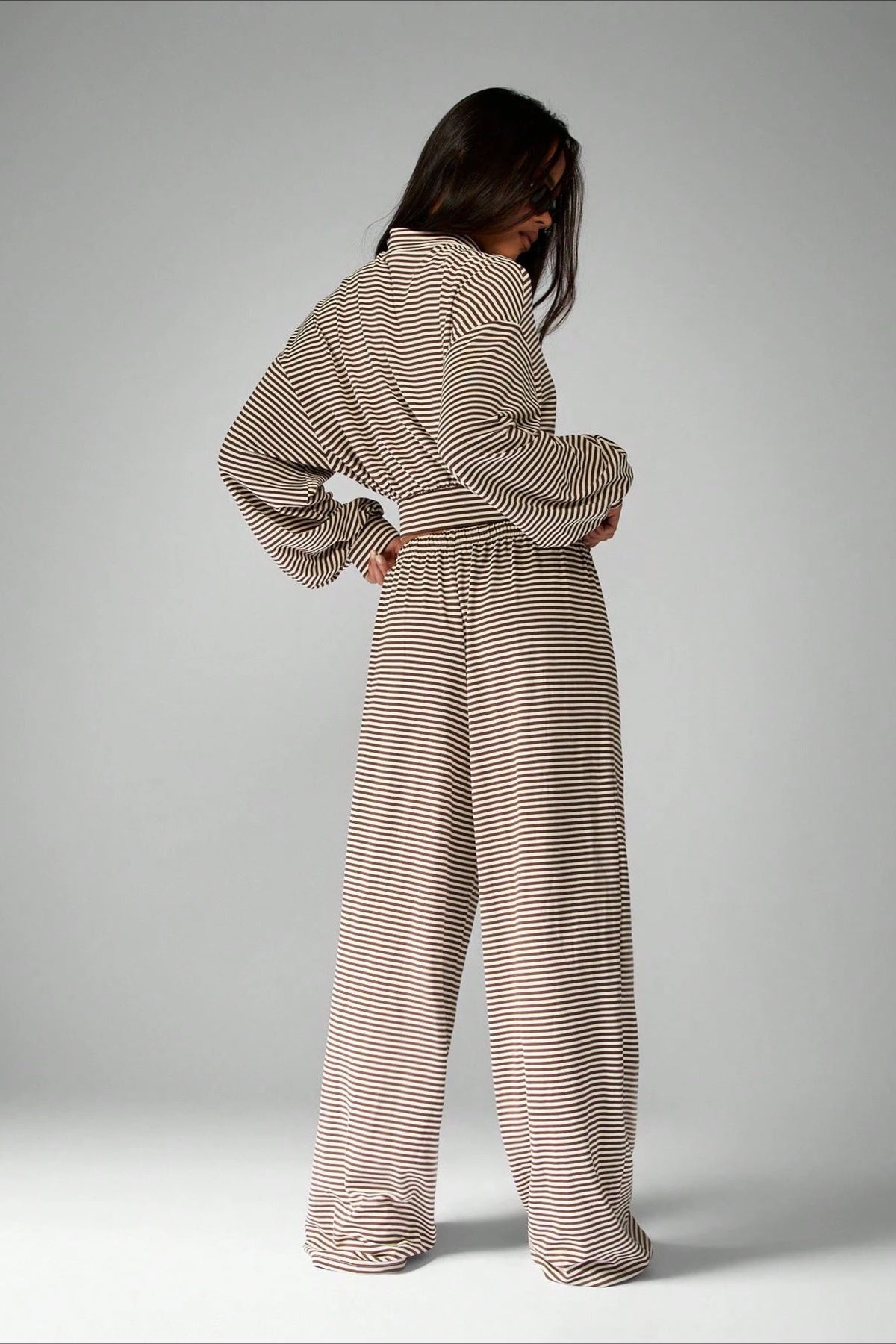 Micro Stripe Zip Jacket Wide Leg Pants Two Piece Set