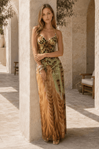 Printed V Neck Cami Slim Bodycon Maxi Dress