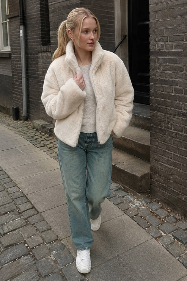 Stand Collar Faux Fur Cropped Jacket
