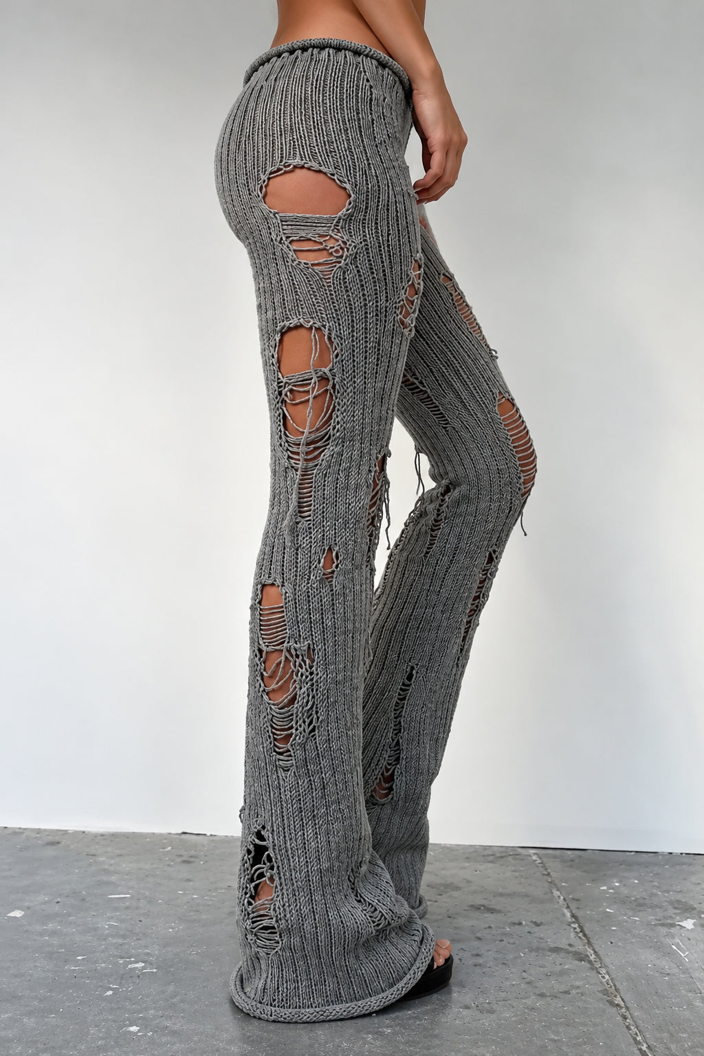 Distressed Ribbed Knit Flared Pants