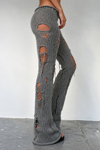 Distressed Ribbed Knit Flared Pants