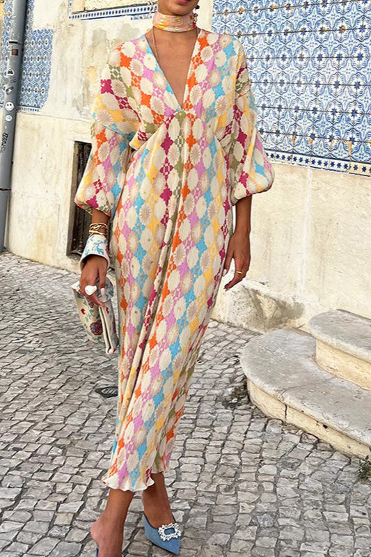 Elegant Floral V Neck Lantern Sleeve Boho Dress Main image