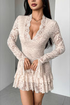 Lace V-Neck Double Ruffle Bodycon Dress