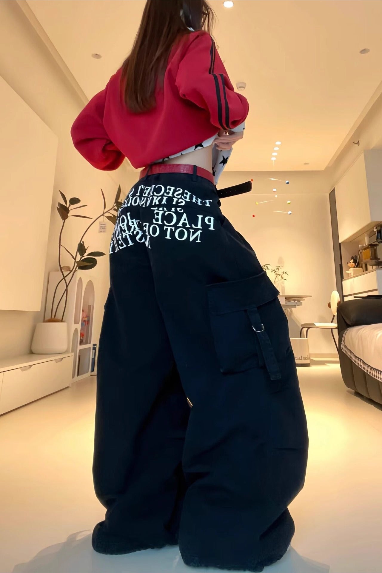 Letter Print Cargo Wide Leg Jeans Main image