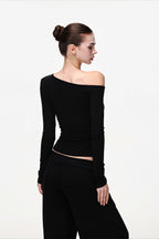 Asymmetric Neck Ribbed Crop Long Sleeved T-shirts