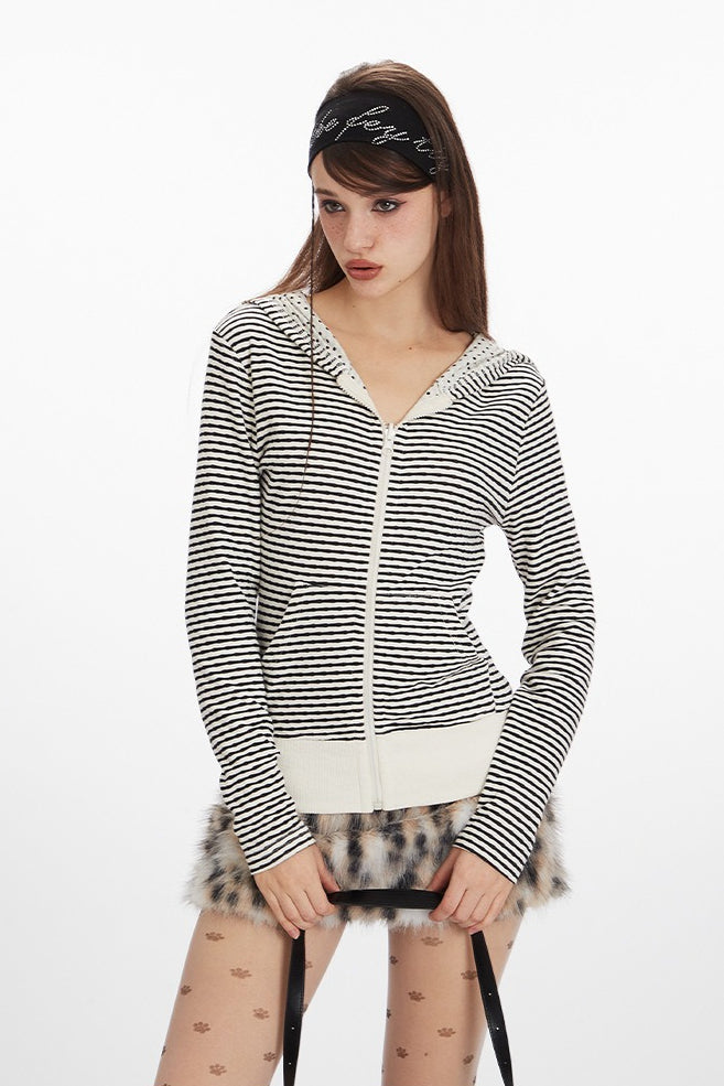 Reversible Striped Cropped Zip Up Hoodie