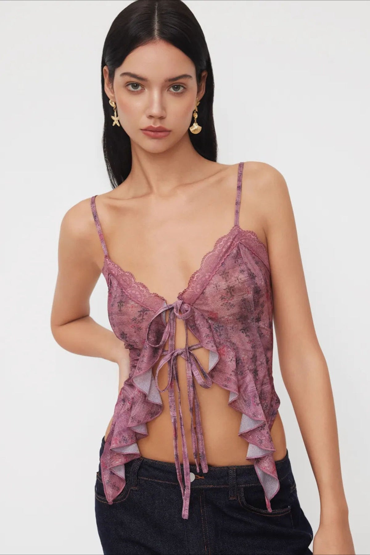 Lace Floral Ruffle Cami Top Main image