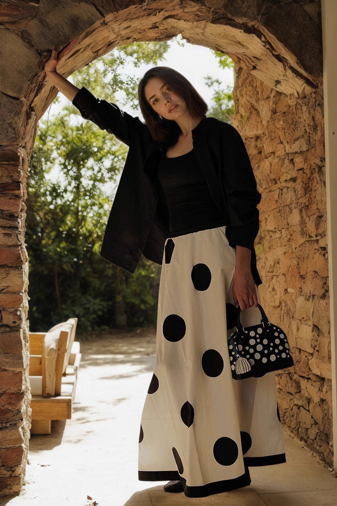 French Polka Dot Draped Midi Skirt Main image
