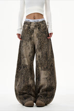 Leopard Washed Barrel Leg Streetwear Jeans