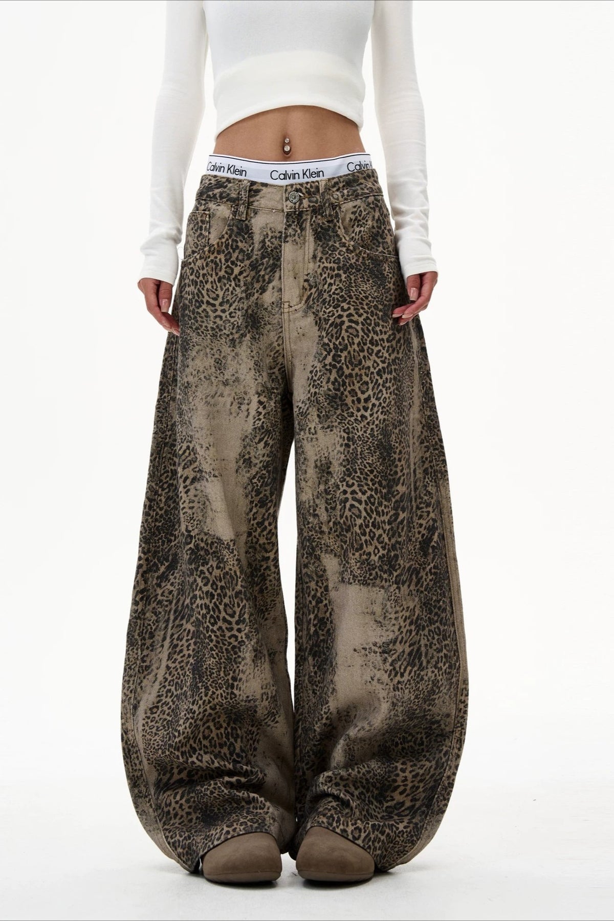 Leopard Washed Barrel Leg Streetwear Jeans
