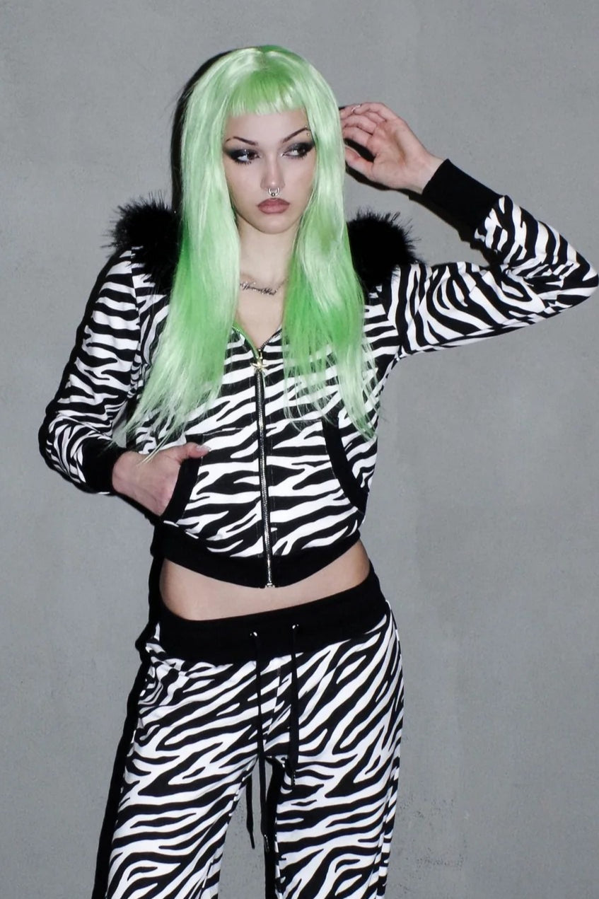 Zebra Print Fur Trim Cropped Hoodie