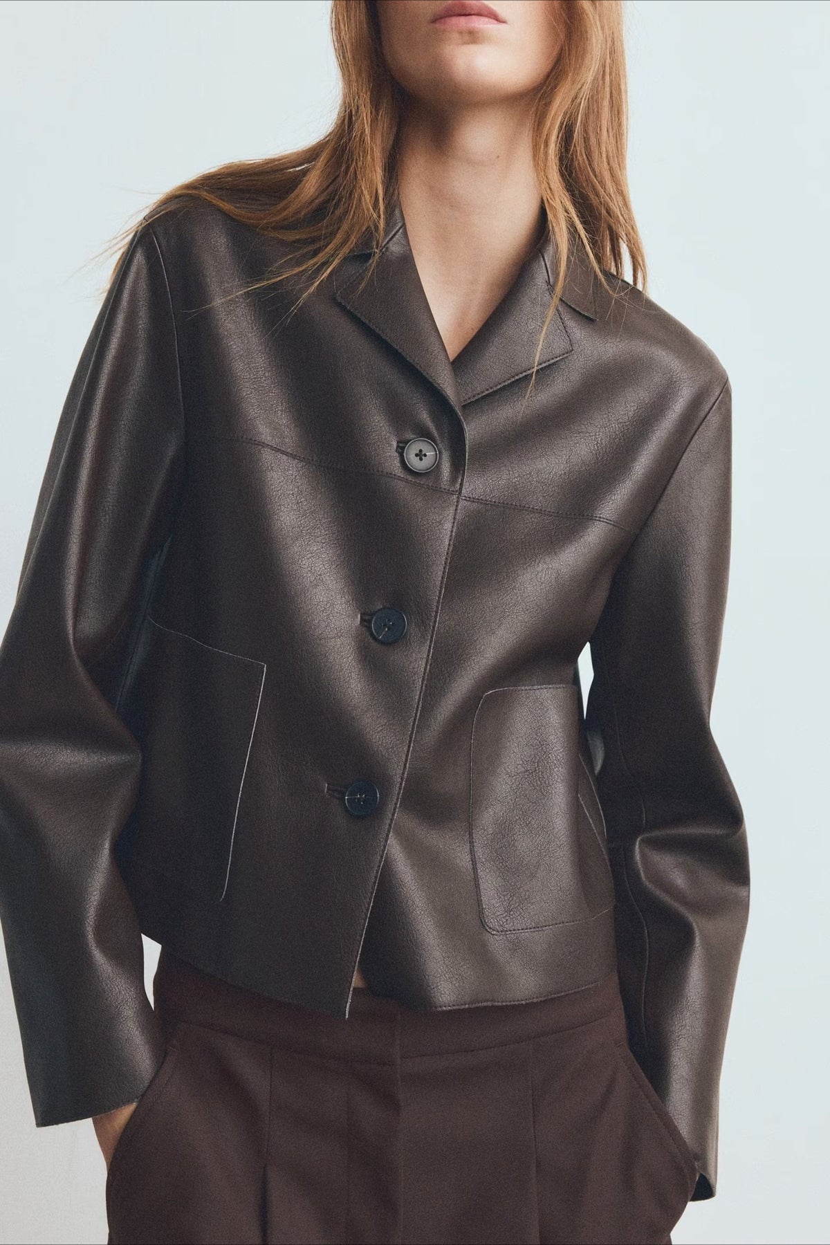 Faux Leather Button Front Blazer Jacket