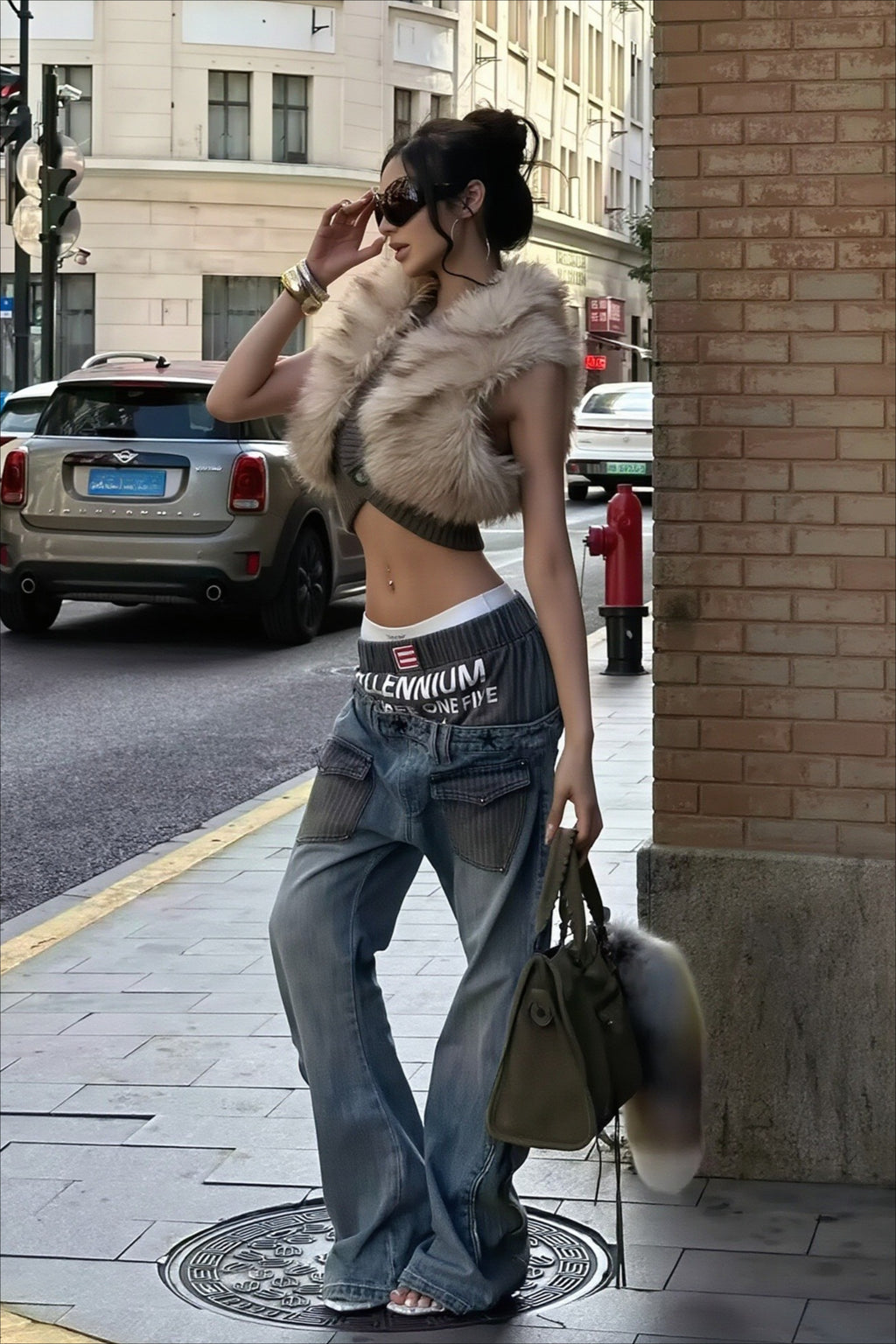 Double Waist Stripe Panel Baggy Streetwear Jeans