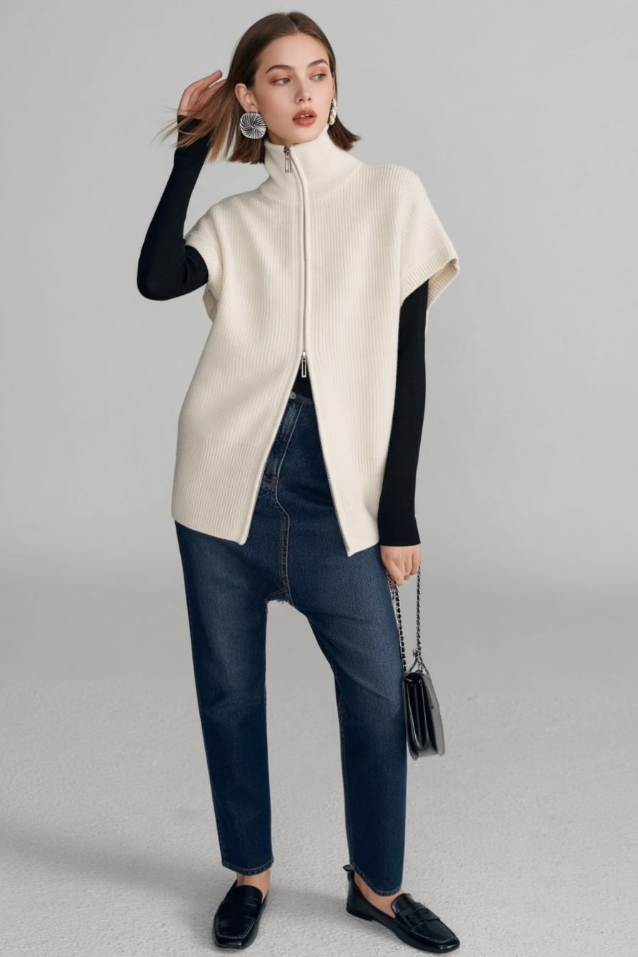Dual Zip Turtleneck Knit Top