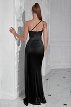 One Shoulder Ruched Waist Slit  Formal Dress