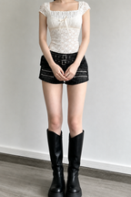 Square Neck Lace Spliced Tie Slim Blouse