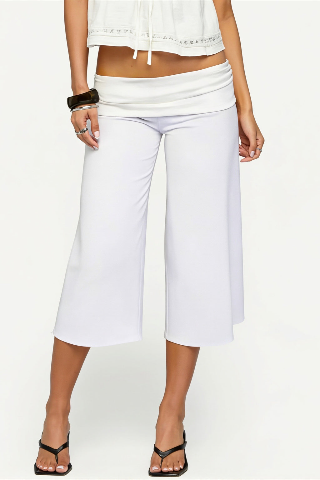 Foldover Waist Cropped Wide Leg Pants