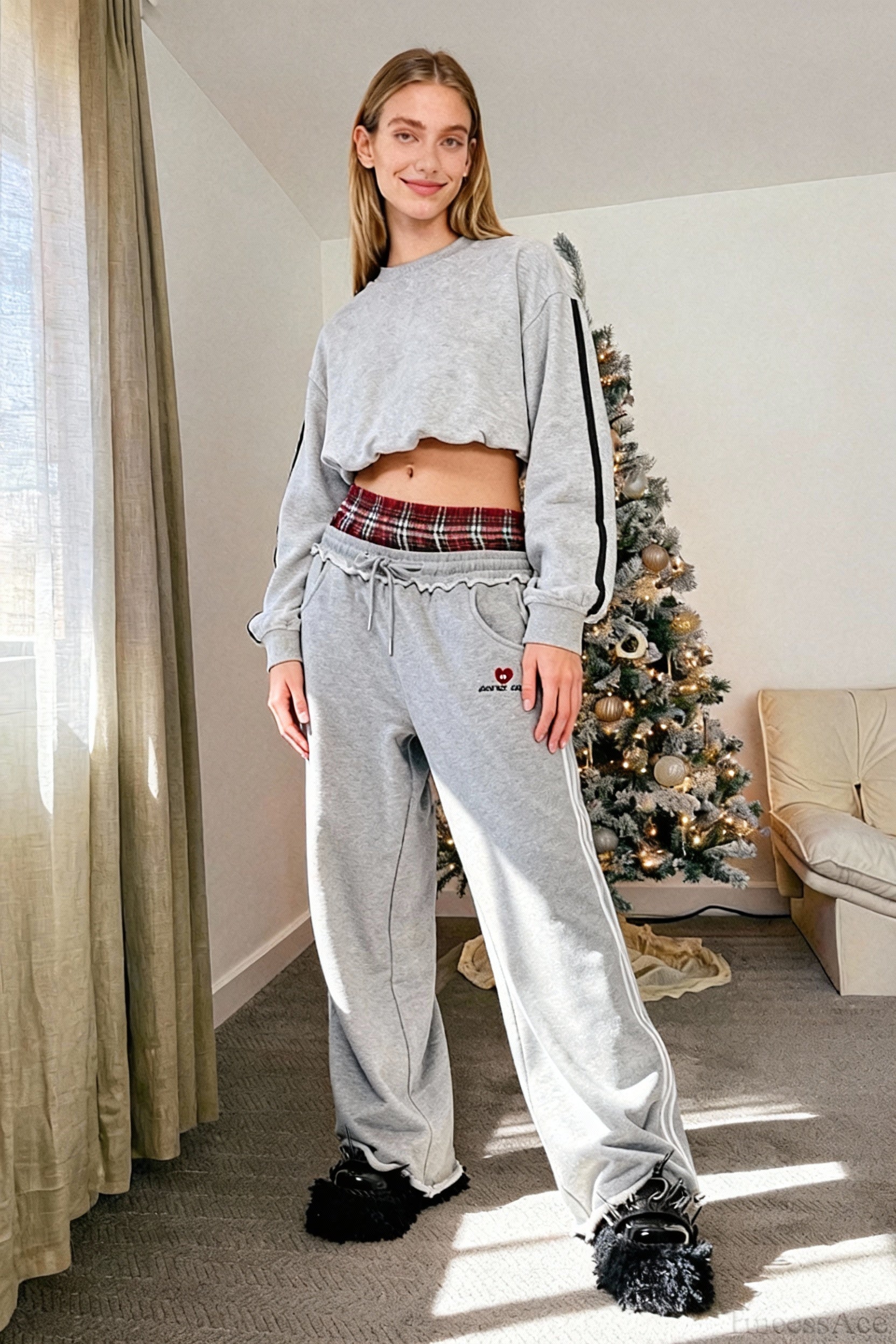 Stripe Plaid Panel Double Waist Wide Leg Pants Main image