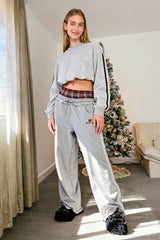 Stripe Plaid Panel Double Waist Wide Leg Pants