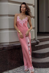 Satin Spaghetti Strap Split Lace Dress